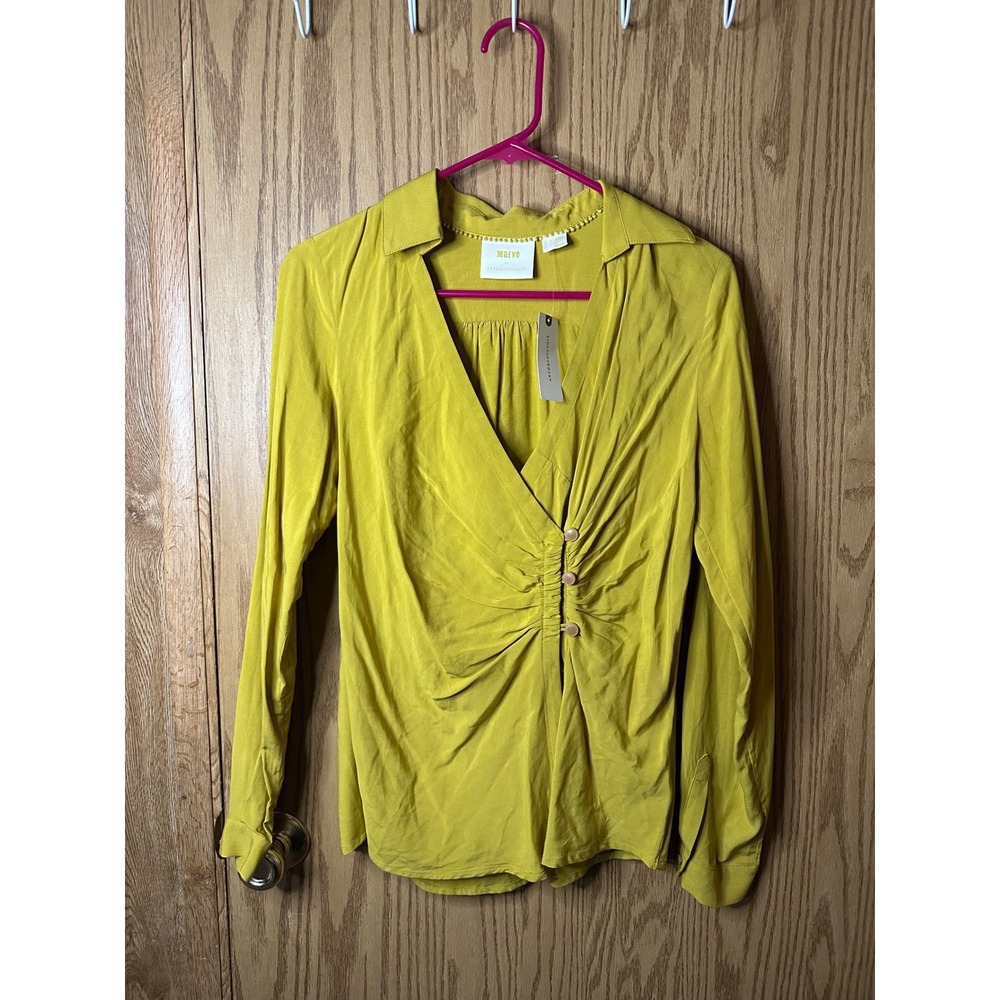 Maeve Anthropologie Chartreuse Yellow Ruched Wrap V-Neck Blouse Top Size 2